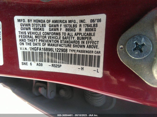 2006 HONDA CIVIC SDN EX VIN: 1HGFA16896L122908