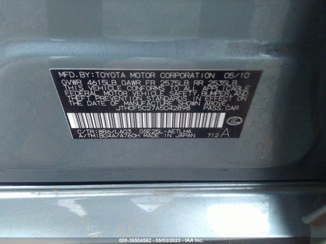 2010 LEXUS IS 250 VIN: JTHCF5C27A5042898