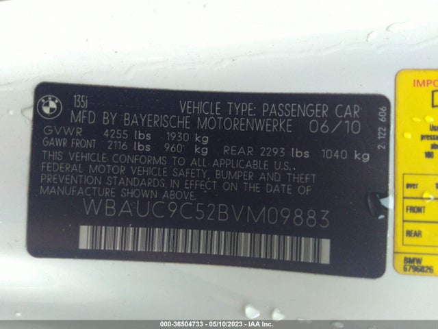 2011 BMW 1 SERIES 135I VIN: WBAUC9C52BVM09883