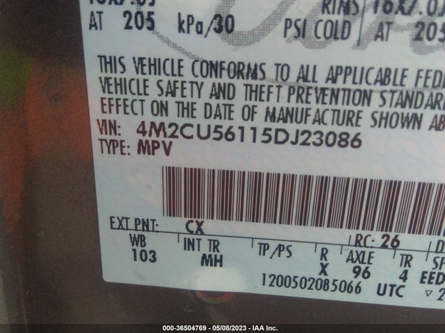 2005 MERCURY MARINER LUXURY/PREMIER VIN: 4M2CU56115DJ23086