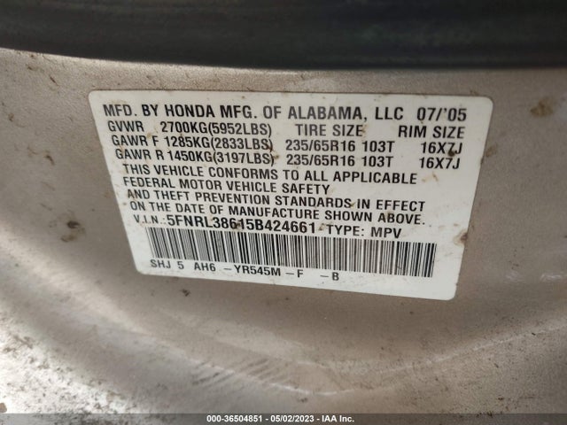 2005 HONDA ODYSSEY EX-L VIN: 5FNRL38615B424661