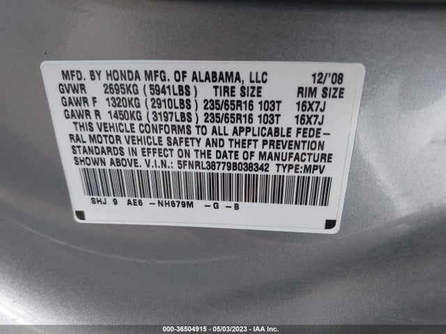 2009 HONDA ODYSSEY EX-L VIN: 5FNRL38779B038342