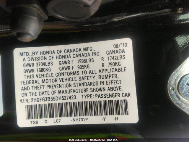 2013 HONDA CIVIC CPE LX VIN: 2HGFG3B55DH527423