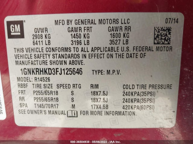 Chevrolet Traverse Lt 2015 1GNKRHKD3FJ125646 Image 9