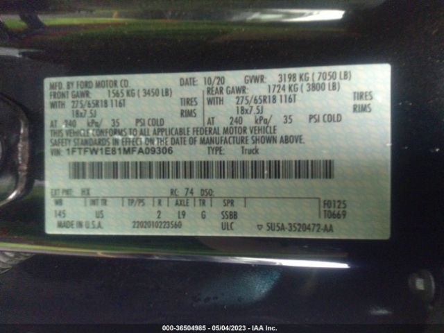 1FTFW1E81MFA09306 Ford F-150 Xl/xlt/lariat