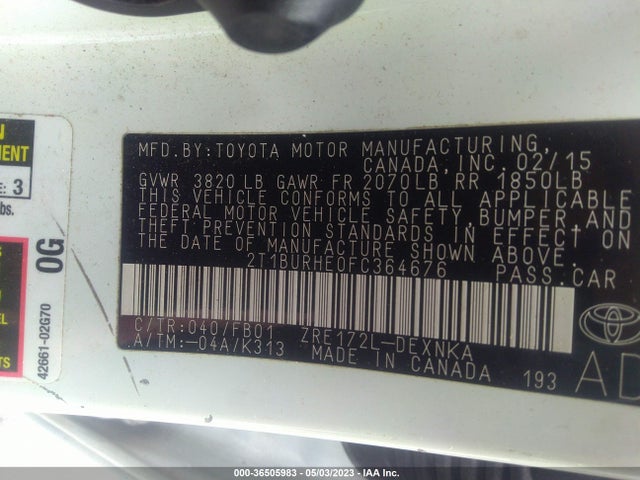 2015 TOYOTA COROLLA L/LE/S/S PLUS/LE PLUS VIN: 2T1BURHE0FC364676