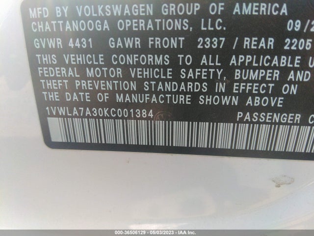 1VWLA7A30KC001384 Volkswagen Passat 2.0t Wolfsburg Edition