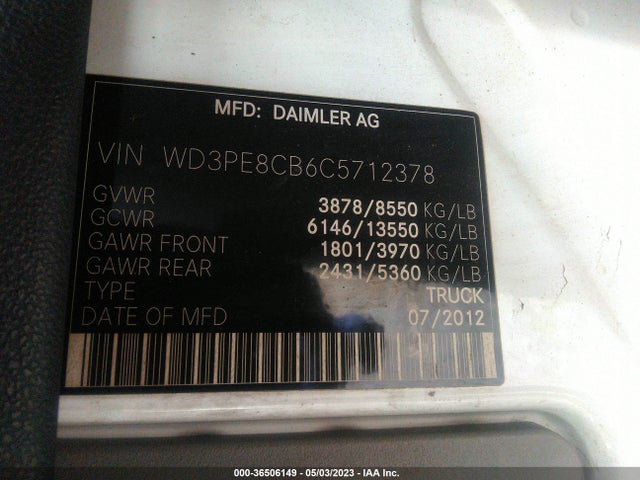 2012 MERCEDES-BENZ SPRINTER CARGO VANS EXT VIN: WD3PE8CB6C5712378