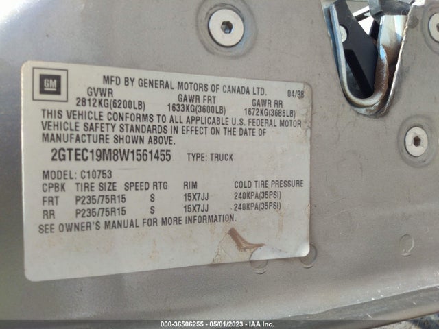1998 GMC SIERRA 1500 VIN: 2GTEC19M8W1561455