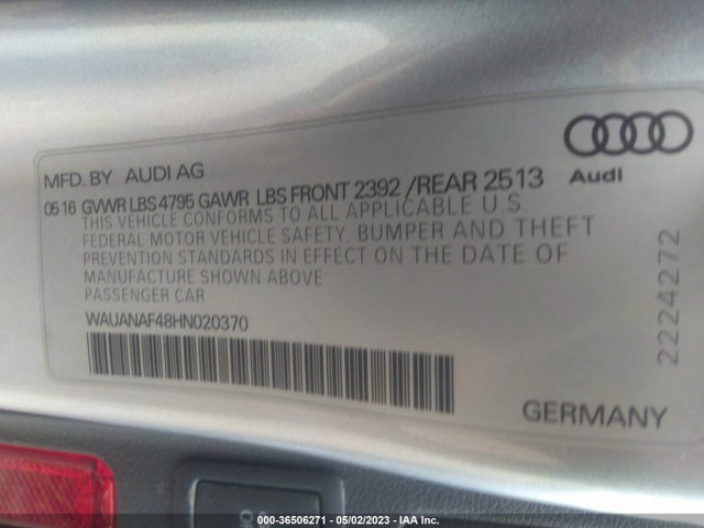 2017 AUDI A4 PREMIUM VIN: WAUANAF48HN020370