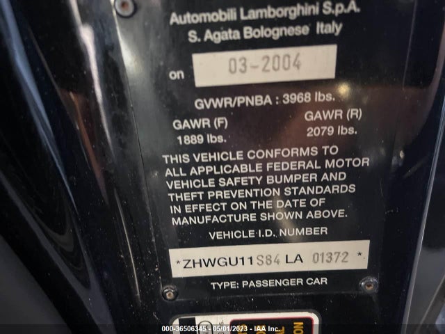 2004 LAMBORGHINI GALLARDO VIN: ZHWGU11S84LA01372