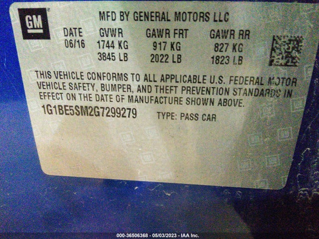 Chevrolet CRUZE LT 2016 1G1BE5SM2G7299279 Image 9