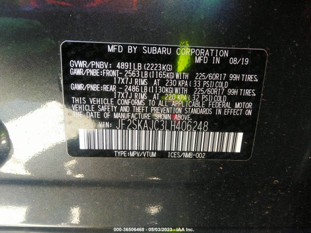 2020 SUBARU FORESTER PREMIUM VIN: JF2SKAJC3LH406248