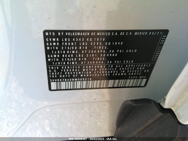 2022 VOLKSWAGEN TAOS SE VIN: 3VVRX7B20NM009314
