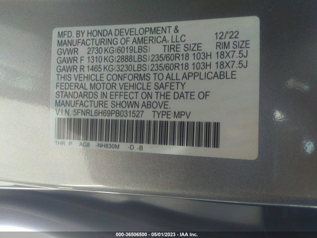 2023 HONDA ODYSSEY EX-L VIN: 5FNRL6H69PB031527