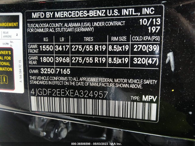 2014 MERCEDES-BENZ GL-CLASS GL 350 BLUETEC VIN: 4JGDF2EEXEA324957