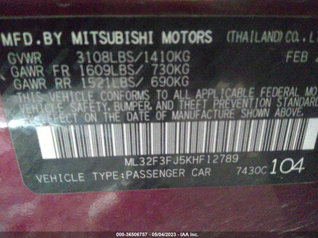 ML32F3FJ5KHF12789 Mitsubishi Mirage G4 Es/rf