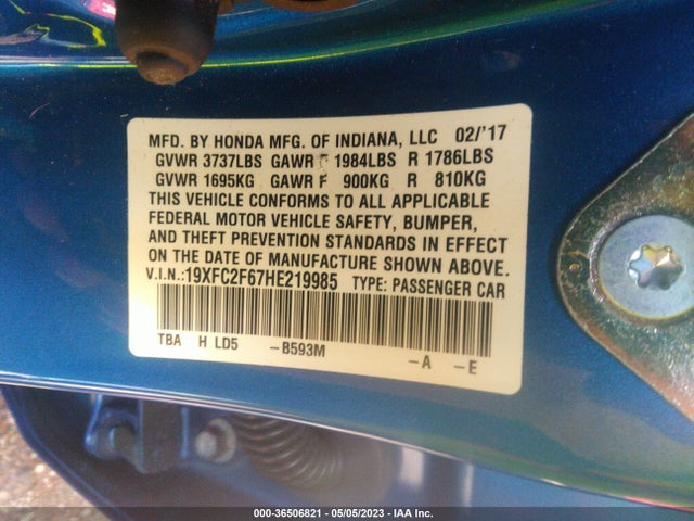 2017 HONDA CIVIC SEDAN LX VIN: 19XFC2F67HE219985