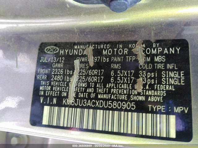 2013 HYUNDAI TUCSON GLS VIN: KM8JU3ACXDU580905
