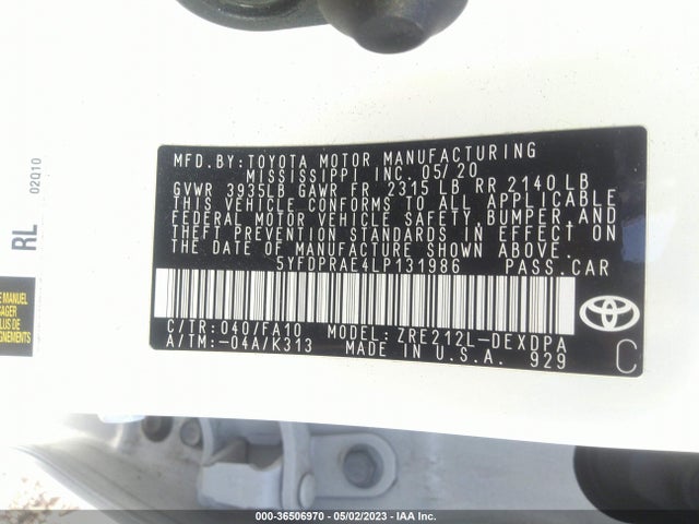 Toyota COROLLA L 2020 5YFDPRAE4LP131986 Image 10