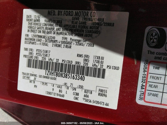2008 FORD MUSTANG DELUXE/PREMIUM VIN: 1ZVHT80N385163340