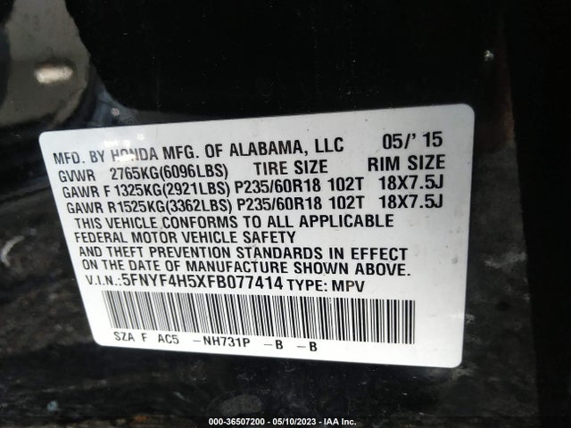 Honda Pilot Ex-l 2015 5FNYF4H5XFB077414 Image 9