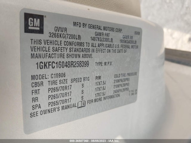 2008 GMC YUKON XL SLT W/4SB VIN: 1GKFC16048R258399