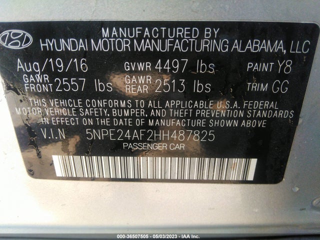 2017 HYUNDAI SONATA 2.4L VIN: 5NPE24AF2HH487825