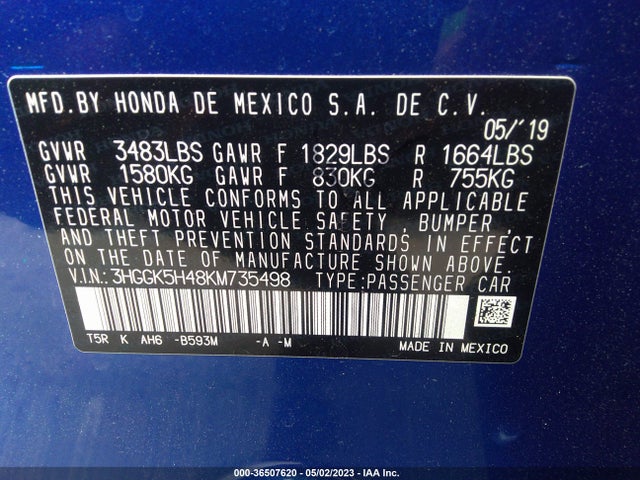 2019 HONDA FIT LX VIN: 3HGGK5H48KM735498
