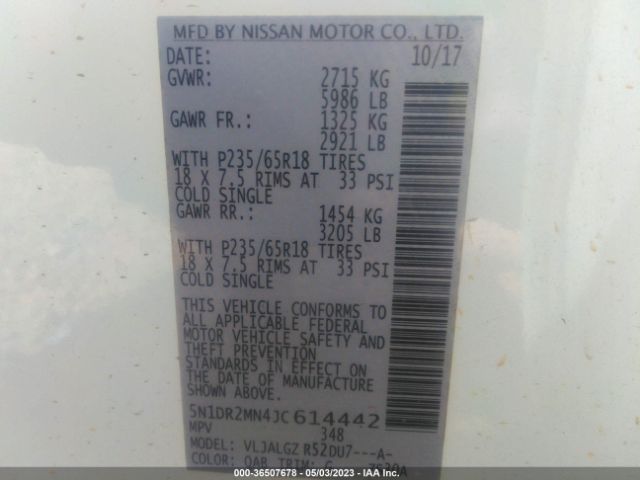 5N1DR2MN4JC614442 Nissan Pathfinder Sl