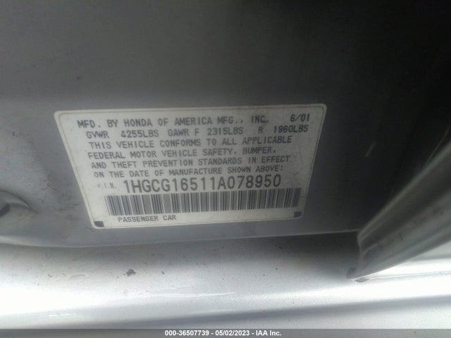 2001 HONDA ACCORD SDN EX W/LEATHER VIN: 1HGCG16511A078950
