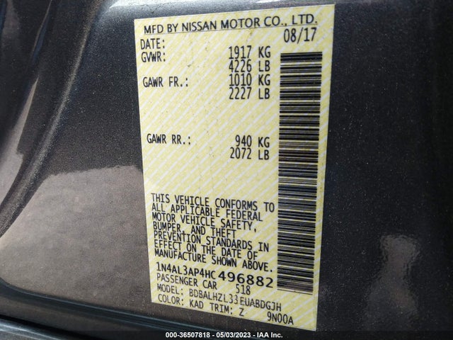 2017 NISSAN ALTIMA 2.5 SR VIN: 1N4AL3AP4HC496882