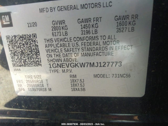 Chevrolet Traverse Lt Cloth 2021 1GNEVGKW7MJ127773 Image 9