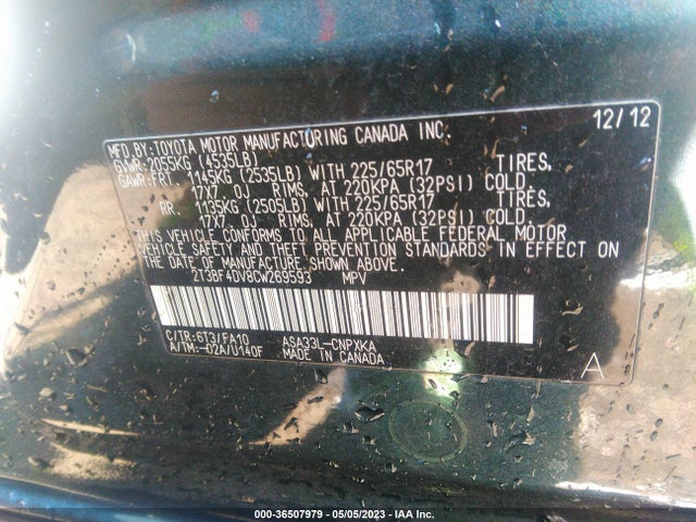 2012 TOYOTA RAV4 VIN: 2T3BF4DV8CW269593