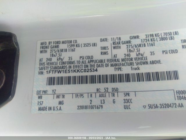 1FTFW1E51KKC02534 Ford F-150 Xl/xlt/lariat