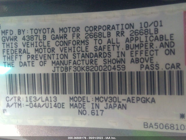2002 TOYOTA CAMRY XLE VIN: JTDBF30K820020459