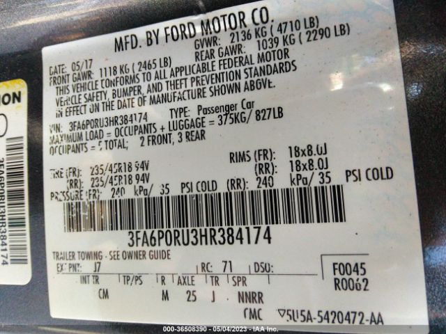 3FA6P0RU3HR384174 Ford FUSION HYBRID