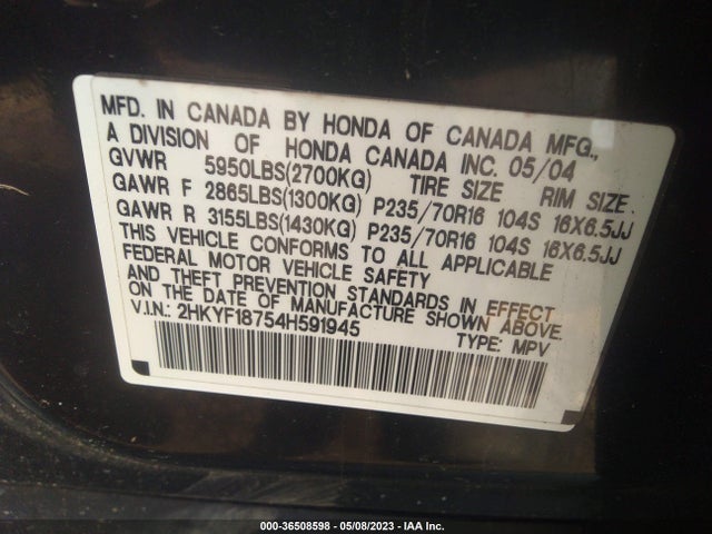 2004 HONDA PILOT EX VIN: 2HKYF18754H591945