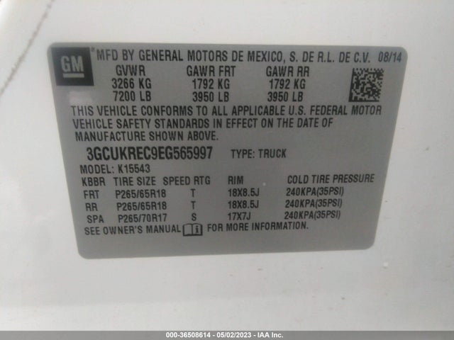 2014 CHEVROLET SILVERADO 1500 LT VIN: 3GCUKREC9EG565997