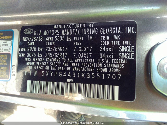 2019 KIA SORENTO L VIN: 5XYPG4A31KG551707