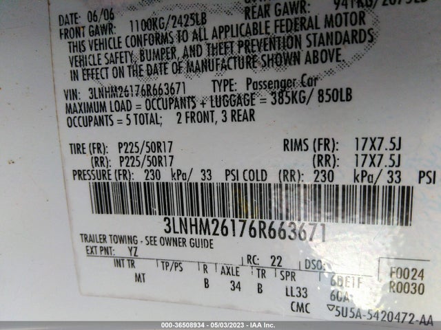 2006 LINCOLN ZEPHYR VIN: 3LNHM26176R663671