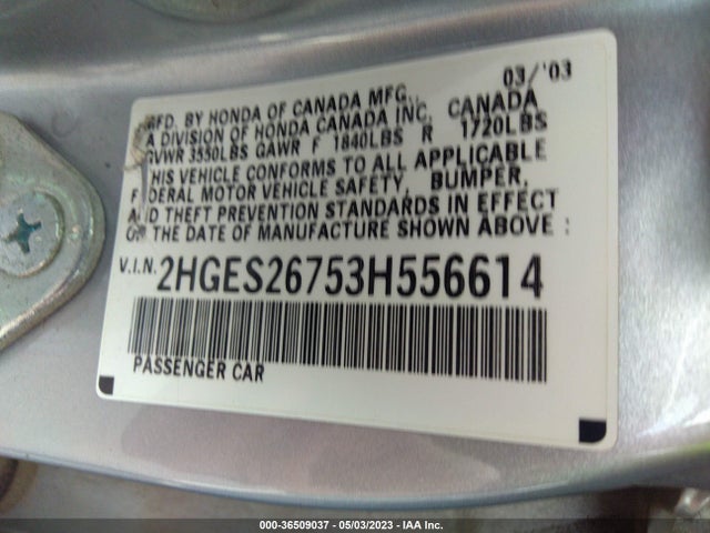 2003 HONDA CIVIC EX VIN: 2HGES26753H556614