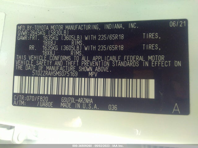 Toyota Highlander L/le 2021 5TDZZRAH5MS075169 Image 9