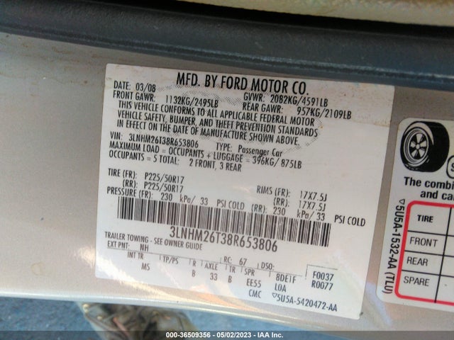 2008 LINCOLN MKZ VIN: 3LNHM26T38R653806