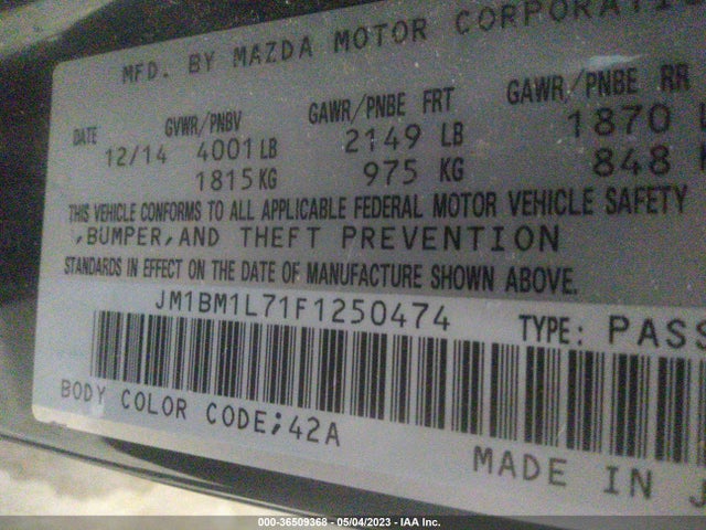2015 MAZDA MAZDA3 I TOURING VIN: JM1BM1L71F1250474