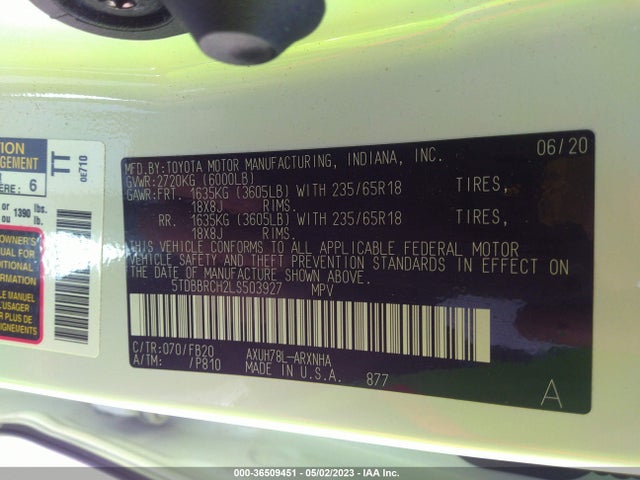 Toyota Highlander Hybrid Le 2020 5TDBBRCH2LS503927 Image 10