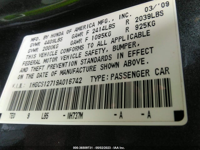 2009 HONDA ACCORD CPE EX VIN: 1HGCS12719A016742