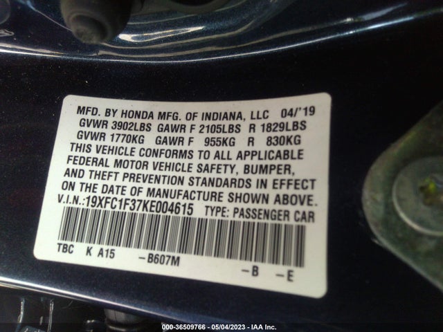 Honda Civic Sedan Ex 2019 19XFC1F37KE004615 Image 9