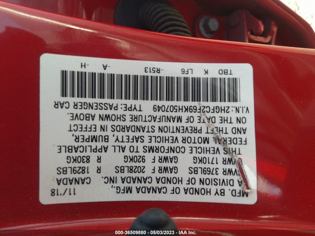 Honda Civic Sedan Lx 2019 2HGFC2F69KH507049 Image 10