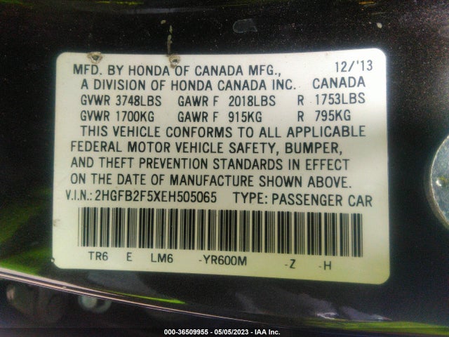 Honda Civic Sedan Lx 2014 2HGFB2F5XEH505065 Image 9